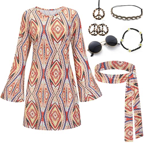 JOAAZAR Hippie Kleidung Damen 60er 70er Jahre Hippie kostüm Damen Kleid und Hippie Accessoires Damen Disco Outfit Halskette Ohrringe Sonnenbrille Stirnband Zubehör für Halloween Party von JOAAZAR