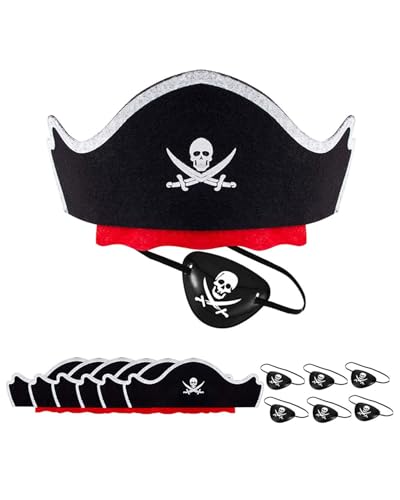 JOCXZI 12 Stück Piraten Zubehör Set - 6 pcs Piratenhut Kinder 6 pcs Augenklappe Pirat Filz Augenmaske Schädel Piraten Hut Accessoires für Geburtstag Halloween Maskerade Piratenparty von JOCXZI