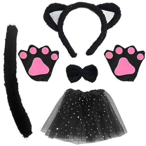 JOCXZI Kostümset Katze für Kinder - 1 Satz Katze Tierkleid Cosplay Set Katzenohren Stirnband Kätzchen Schwanz Ohren Kragen Pfoten Handschuhe Schwarzes Tutu ür Kinder Halloween von JOCXZI