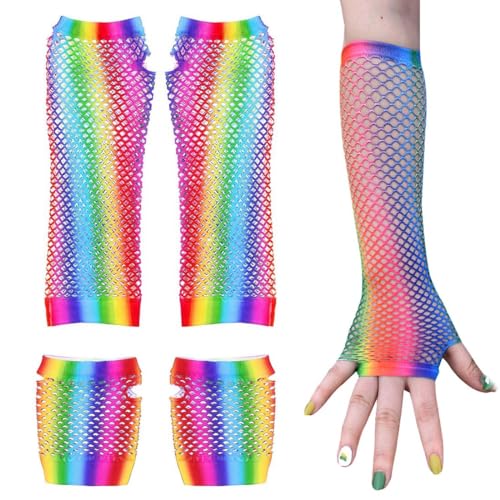 JOCXZI netzhandschuhe - 2 Paare Lang und Kurz Fischnetz Handschuhe, Regenbogen Fingerlose Fischnetz Handschuhe, Damen Netz Mesh Handschuhe（irisierend） von JOCXZI