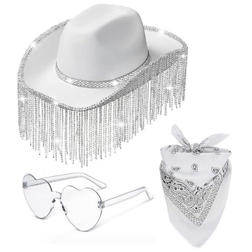 JOERBABU Cowboyhut, 3-teiliges Set mit Herz-Sonnenbrille, Kopftuch und Cowboyhut, Sonnenschutz, Brauthut mit Quasten-Dekor von JOERBABU