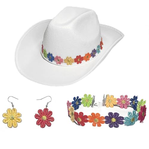 JOERBABU Cowboyhut, 3-teiliges Set mit aufgerollten Krempen, Hut und baumelnden Ohrringen und Blumen-Choker-Set für Damen, Karneval, Fotografie, Sonnenaufschlag von JOERBABU