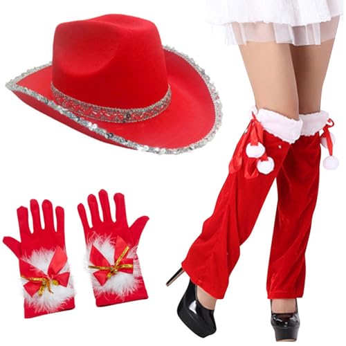 JOERBABU Cowboyhut, Weihnachtsmannmütze, Socken, Handschuhe, Set, Partykleidung, bequemes Weihnachtsmann-Kostüm, Hüte für Urlaubskostüme von JOERBABU