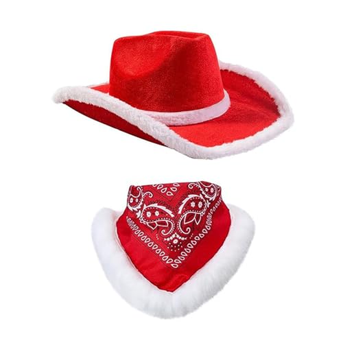 JOERBABU Cowboyhut, stilvolles Schal, Bandana-Set für Weihnachtsfeier, Foto-Requisiten mit schöner weißer Krempe von JOERBABU