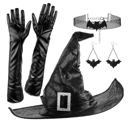 JOERBABU Halloween Hexenkostüm Hut Handschuhe Ohrringe Choker Set Party Hut geraffte Zauberer Hut Unisex Hexe Cosplay Kostüm Set von JOERBABU