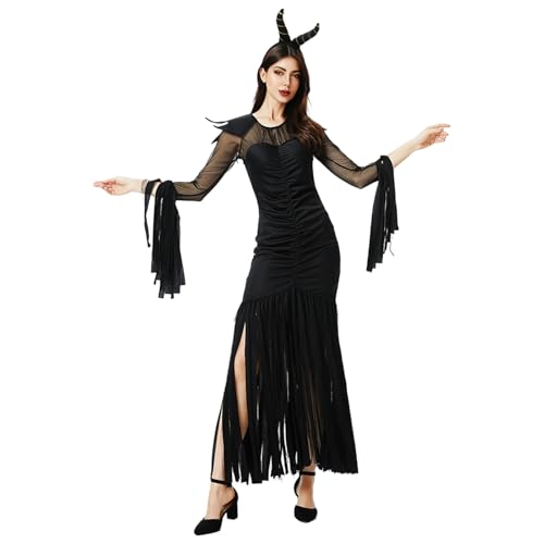 JOERBABU Halloween-Kleid mit gespleißtem Rüschen, figurbetont, lang, mit Teufelshorn-Stirnband, Set für Damen, Cosplay-Kostüm-Outfit von JOERBABU