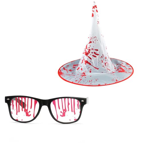 JOERBABU Halloween-Kostüm-Set, Halloween-Brille, gespritztes Blut, Handschuhe, Strümpfe, gruseliger spitzer Hut, Cosplay, Partyzubehör von JOERBABU