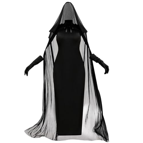 JOERBABU Langes Kleid mit Netz-Kapuzenumhang und Handschuhen für Damen, Vampir-Hexe, Tank-Top, Set für Halloween, Cosplay, Kostüm, Outfit von JOERBABU