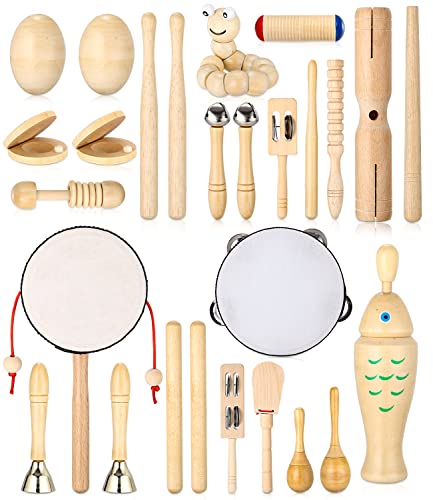 JOFLVA Musikinstrumente Für Kinder, 29 PCS Musikinstrumente Musical Instruments Set, Kinderspielzeug Ab 3 Jahre, Spielzeug Von Holz Percussion Kinder Schlagzeug Set, Trommel Rasseleier Klanghölzer. von JOFLVA