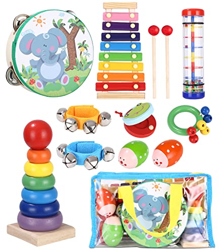 JOFLVA Musikinstrumente Für Kinder, Musikinstrumente Musical Instruments Set,Musik Kinderspielzeug Mit Xylophon,Holzspielzeug Percussion Set,Schlagwerk Rhythmus Spielzeug,Instrumente Kinder Ab 3 Jahre von JOFLVA