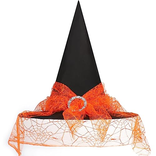 JOFONY Halloween Hexenhut, Orange Hexen Hut mit Schleier,Hexen Accessoires Zaubererhüte für Halloween Maskeradepartys Maskeraden Kostümparty von JOFONY