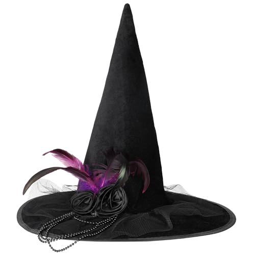 JOFONY Halloween Hexenhut,Schwarz Hexen Hut mit Rosen und Federn,Samttuch Hexen Accessoires Zaubererhüte für Halloween Maskeradepartys Maskeraden Kostümparty von JOFONY