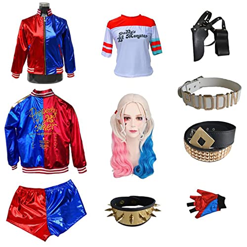 JOHLCR 9-Teiliges Set Kostüm für Halloweenkarneval Suicide Squad Harley Quinn Anime Cosplay Kostüm Cosplay Uniform Anzug für Halloween, BüHnenspiel (XL, Rot) von JOHLCR