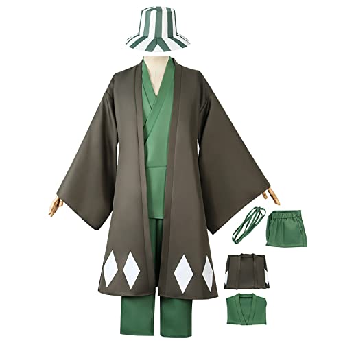 JOHLCR Anime BLEACH Cosplay Kostüm für Halloween Karneval Kimono Uniform Outfits Urahara Kisuke Einschließlich Mantel + Kleidung + Hose + Hut + Taillenseil Geeignet für Bühnenspiel (M, grün) von JOHLCR