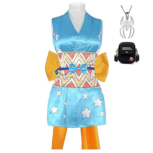 JOHLCR Anime ONE PIECE Nami Cosplay Kostüm mit Halskette Geschenk für Manga-Liebhaber Satindruck Halloween-Karneval-Party-Verkleidung Outfits für Bühnenaufführungen, Anime-Ausstellungen (2XL, Blue) von JOHLCR