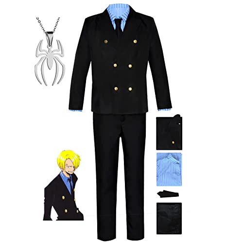 JOHLCR Anime ONE PIECE Vinsmoke Sanji Cosplay Kostüm Outfits Uniform Anzug mit Halskette Kostüm für Erwachsene Geeignet für Bühnenspiele, Geschenke, Cosplay-Liebhaber, Comics Expo (Schwarz, 2XL) von JOHLCR