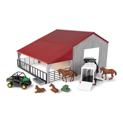 John Deere Weathered Barn Farm Spielset – Maßstab 1:32 – inklusive Scheune, Pick-Up-Truck-Spielzeug, Pferdeanhänger, Pferdespielzeug und mehr Bauernhof-Spielzeug – 13 Stück – ab 3 Jahren von JOHN DEERE