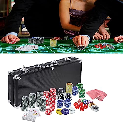 JOIEYOU Pokerkoffer Pokerset mit 500 Laser Pokerchips mit Aluminium Gehäuse, 2X Pokerdecks, 5X Würfel, 3X Dealer Button Pokerkoffer Komplett Set (Schwarz) von JOIEYOU