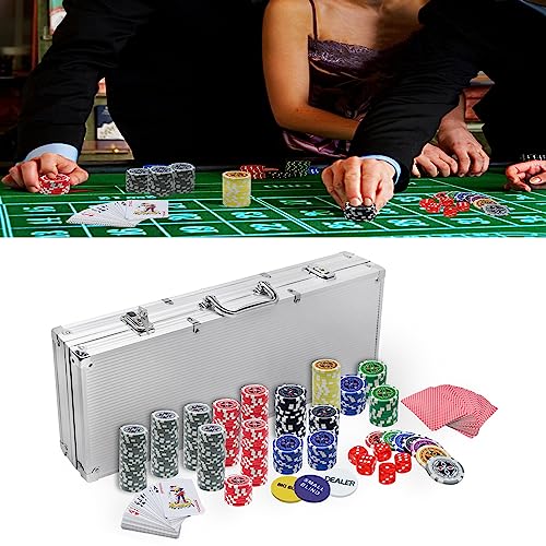 JOIEYOU Pokerkoffer Pokerset mit 500 Laser Pokerchips mit Aluminium Gehäuse, 2X Pokerdecks, 5X Würfel, 3X Dealer Button Pokerkoffer Komplett Set (Silber) von JOIEYOU