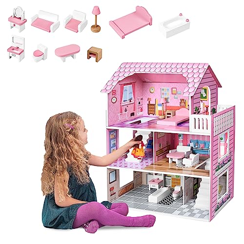 JOIEYOU Puppenhaus aus Holz Puppen Spielhaus 3 Etagen, 60x24x70cm Große Puppenvilla mit Möbeln und Zubehör Dollhouse Spielzeug für Mädchen und Jungen, Typ A von JOIEYOU