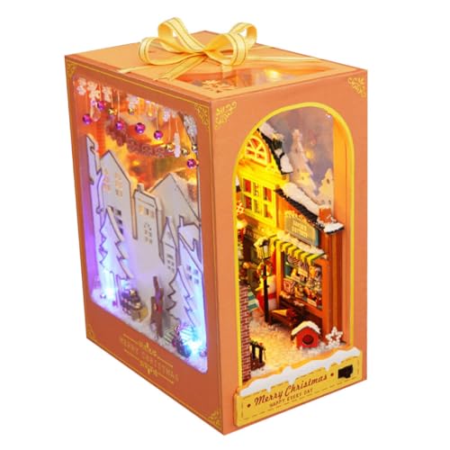 JOINPAYA 1 Set Handgefertigte DIY Hütte Tc38 Buchstütze 3D Dreidimensionales Holzmontagemodell Ornamente Weihnachtstischdekoration Weihnachtsdorf Bausätze Papier Orange von JOINPAYA