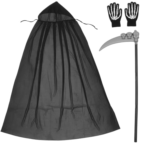 JOINPAYA 3 Teiliges Halloween Kostü Set Für Erwachsene Schwarzer Umhang Handschuhe Und Requisite Für Tod Cosplay Für Damen Und Herren von JOINPAYA