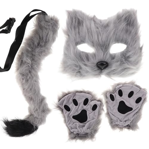 JOINPAYA Therian-Maske Und -Set Fuchsmaske Therian-Maske Halloween-Katzenmaske Fuchsmaske Wolfsschwanz Maskerade Halloween-Kostüm Requisiten Grau von JOINPAYA