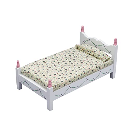 gemaltes Einzelbett mit Blumen Miniaturmöbel Miniatur-Puppenhauszubehör Minibett für Puppen Kinder bastelset basteln für Kinder Spielzeug Puppenhausbett Mini-Hausaccessoire Holz JOINPAYA von JOINPAYA