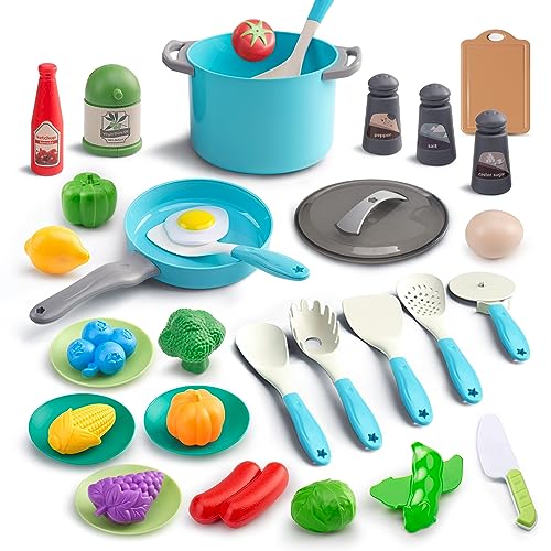 JokerKing - 35-teiliges Kinder-Küchenspielzeug Set, Kochset mit Töpfen und Pfannen, Küchenutensilien, Lebensmittelset, Gemüse Spielzeug, Lerngeschenk für Mädchen u von JOKERKING