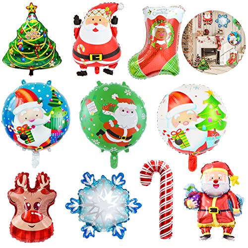 10 Stück Weihnachten Folienballon, Weihnachtsballons, Weihnachten Luftballons für Weihnachtsparty Deko, Weihnachtsmann, Rentier, S chneemann, Weihnachtsbaum, Ballondekoration für Weihnachtsfeierzubeh von JOKILY