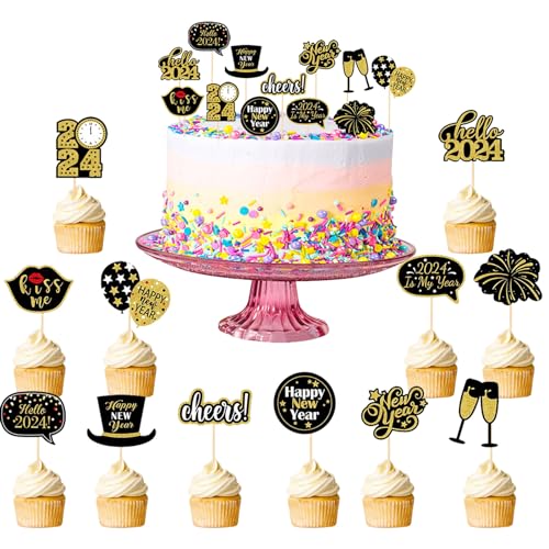 24 Stück 2024 Frohes Neues Jahr Cupcake Toppers, Frohe Silvester Dekoration 2024, 2024 Cupcake Topper Frohes, Cupcake Toppers Picks Muffin Cake Topper für Partydeko Tafelkuchen Dekorationen von JOKILY