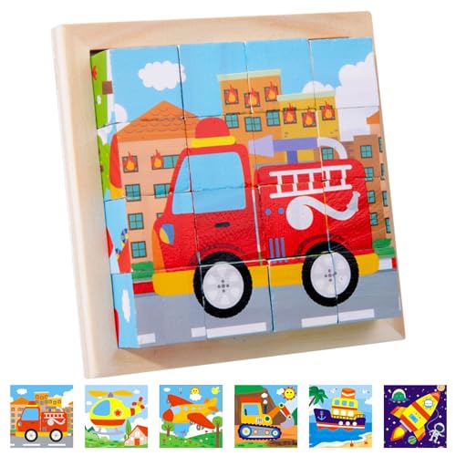 Bilderwürfel Holz, Holzpuzzle 3D Würfelpuzzle Puzzlespiele, Würfelpuzzle Holz mit 16 Würfel Holzspielzeug für Kinder ab 2 3 4 Jahren, Holzpuzzle Montessori Spielzeug für Jungen Mädchen (A) von JOKILY