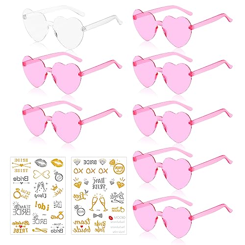 Bride Herz Brille, 8 Stück Partybrille Herz Sonnenbrille, Bride to Be Herz Brille Set, Braut Sonnenbrillen Team Braut Herz Brillen Transparent, JGA Partybrillen mit 2 Team Bride Tattoo Aufkleber (B) von JOKILY