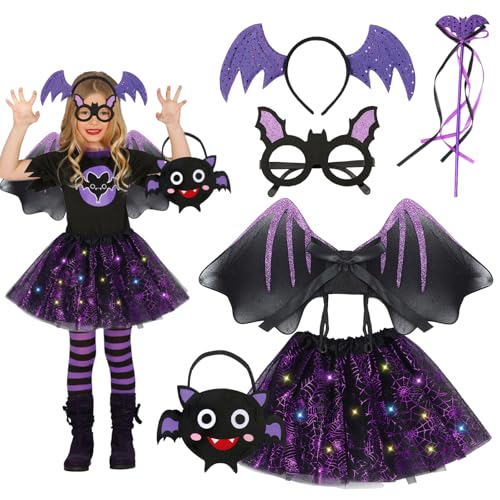 Fledermaus Kostüm Set,LED Halloween Fledermaus Kostüm Kinder, Halloween Kostüm Kinder,Fledermaus Kostüm Kinder Zauberstab Haarreif Flügel Tutu Rock,Mädchen Kostüm Kinder für Karneval Halloween Cosplay von JOKILY