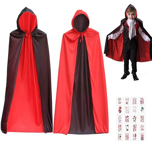 Halloween Kostüm,120CM Vampir Umhang, Kostüme Halloween, Halloween Umhang,Umhang Kinder mit Kapuze, Halloween Costume, Vampir Kostüm mit 20 Tattoos für Kinder Herren Damen Halloween Party Cosplay (A) von JOKILY