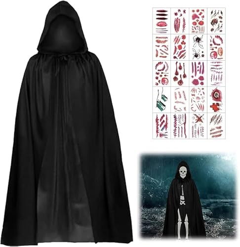 Halloween Kostüm Set, 120CM Schwarzer Umhang mit Kapuze Cape, Kapuze Cape Vampir Kostüm mit 20 Halloween Kmporäre Tattoos, Unisex Kostüm Sensenmann für Erwachsene Halloween Cosplay Dekoration von JOKILY