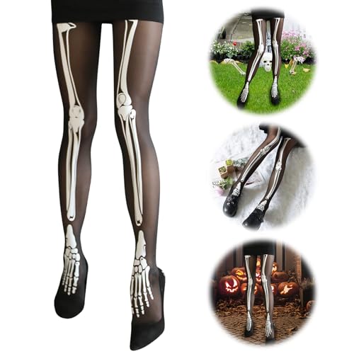 Halloween Skelett Strumpfhose Damen, Tag der Toten Schwarz Weiß Knochen Strümpfe Dehnbare Hose, Knochen Gruselig Halloween Kostüm Accessoires Tag Der Toten Festival Karneval Strümpfe von JOKILY