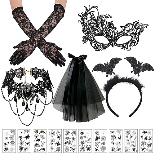 Halloween Steampunk Damen Zubehör 6 Stück, Gothic Schwarze Spitze Handschuhe Halskette Augenmaske Schleier Tattoo-Aufkleber, Gothic Kostüm Zubehör für Fasching KostüM Hochzeit Maskerade Motto Party von JOKILY