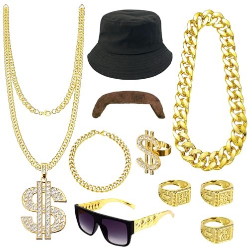 JOKILY 10 Stück Zuhälter Kostüm Goldkette Fasching, Hip Hop Rapper Kostüm, Zuhälter Kostüm, 80er/90er Jahre Outfit Herren, Dollar Kette Große Ring Goldenes Armband für Karneval Fasching Mottoparty von JOKILY