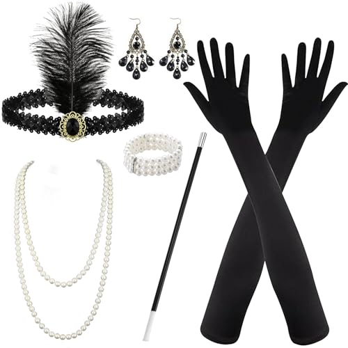 JOKILY 6 Teiliges 20er Jahre Accessoires, 20er Jahre Kostüm Damen, 1920 Zubehör Set, Damen Zubehör für Frauen für Halloween Weihnachten Cosplay Stirnband Handschuhen Ohrringen Halskette Accessoires von JOKILY