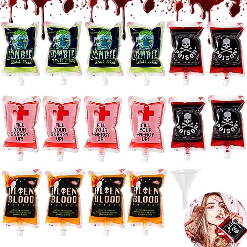 JOKILY Halloween Blutbeutel, 16 Stück Halloween Trinkgefäß Blutbeutel 250ml, Wiederverwendbare Bluttrinkbeutel Getränke Behälter mit Trichter für Halloween Cosplay Vampir Zombie Party Dekoration von JOKILY