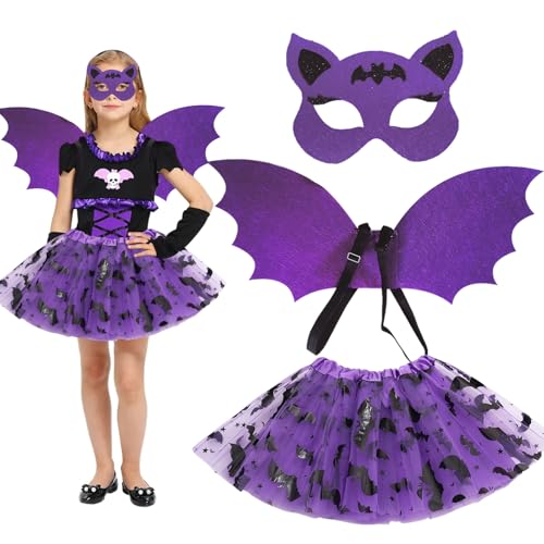 JOKILY 3 Set Fledermaus Kostüm Kinder, Kostüm Kinder Mädchen, Halloween Kostüm Kinder, Fledermaus Kleid Cosplay Zubehör Hexenkostüm für Kinder Halloween Karneval Fasching Maskerade Mottoparty von JOKILY