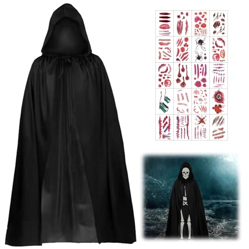 JOKILY Halloween Kostüm Set, 140CM Schwarzer Umhang mit Kapuze Cape, Kapuze Cape Vampir Kostüm mit 20 Halloween Kmporäre Tattoos, Unisex Kostüm Sensenmann für Erwachsene Halloween Cosplay Dekoration von JOKILY