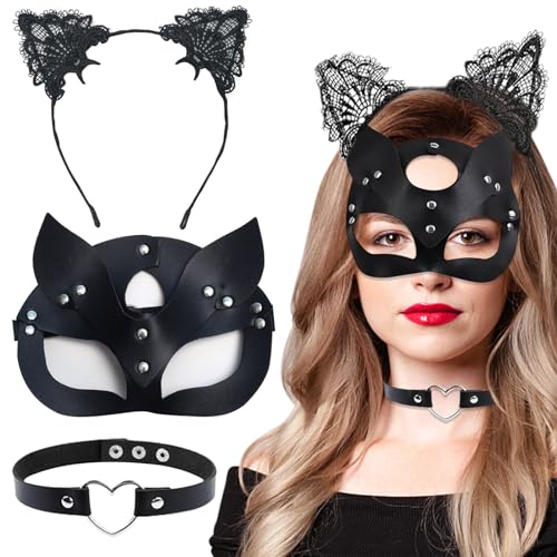 JOKILY Maske Damen, Cat Women Mask Glänzend, 3 Pcs Kostüm Damen, Schwarze PU Leder Katzenmaske für Fasching Karneval Maskerade Fasching Party Nachtclub von JOKILY