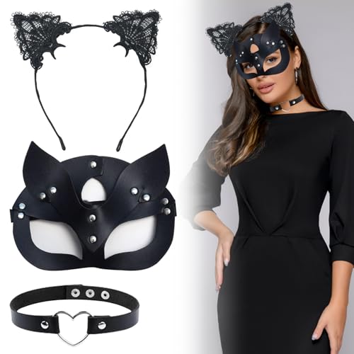 JOKILY Maske Damen, Cat Women Mask Glänzend, 3 Pcs Kostüm Damen, Schwarze PU Leder Katzenmaske für Fasching Karneval Maskerade Fasching Party Nachtclub JOKILY Maske Damen, Cat Women Mask Glänzend, 3 Pcs Kostüm Damen, Schwarze PU Leder Katzenmaske für Fasching Karneval Maskerade Fasching Party Nachtclub von JOKILY