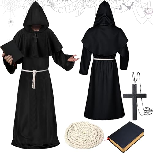 Mönch Robe Kostüm, Priester Robe Kostüm, Mönch Kostüm, Mönch Priester Gewand, Halloween Kostüm Herren Hooded Mönch Kostüm, Erwachsene für Maskerade Fasching Halloween Karneval Party Cosplay (XL) von JOKILY