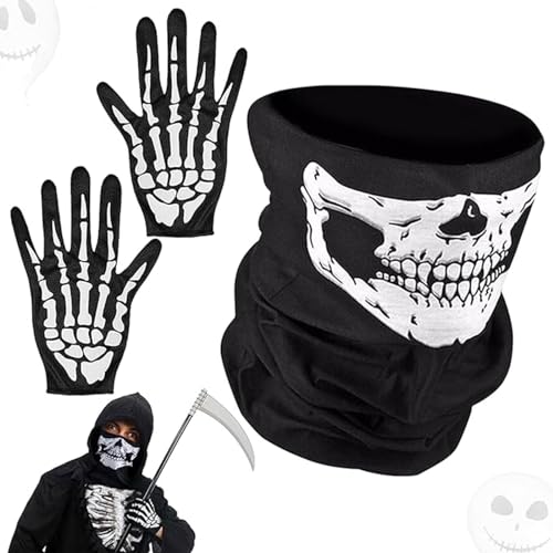 JOKILY Skelett Maske Handschuhe, Schädel Gesicht Schlauch Maske, Skeleton Gloves Gesichtsmaske Full Face Skeleton Skull Ghostn Schwarz Weiß, Halloween Gesichtsmaske für Cosplay Kostüm Karneval von JOKILY