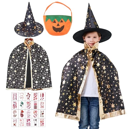 Kinder Halloween Kostüm, Zauberumhang Kinde,Hexe Zauberer Umhang mit Hut,Kürbis Candy Bag 20 Blätter Halloween Tattoo Aufkleber,Wizard Cape Witch Umhang, Cosplay Party Kostüm für Jungen Mädchen (C) von JOKILY