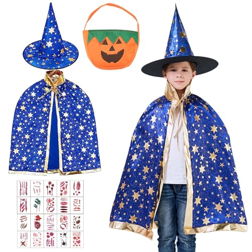 Kinder Halloween Kostüme, Halloween Hexe Umhang, Hexe Zauberer Umhang mit Hut, Zauberer Mantel mit Kürbis Candy Bag und 20 Tattoos Aufkleber für Jungen Mädchen Halloween Cosplay Karneval Party (A) von JOKILY