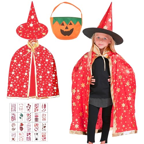 Kinder Halloween Kostüme, Halloween Hexe Umhang, Hexe Zauberer Umhang mit Hut, Zauberer Mantel mit Kürbis Candy Bag und 20 Tattoos Aufkleber für Jungen Mädchen Halloween Cosplay Karneval Party (B) von JOKILY